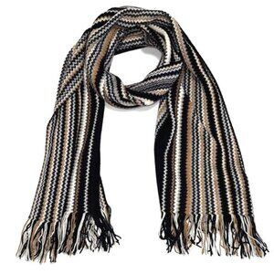 Missoni Zigzag Fringe Scarf Wool Blend Navy Blue/Tan